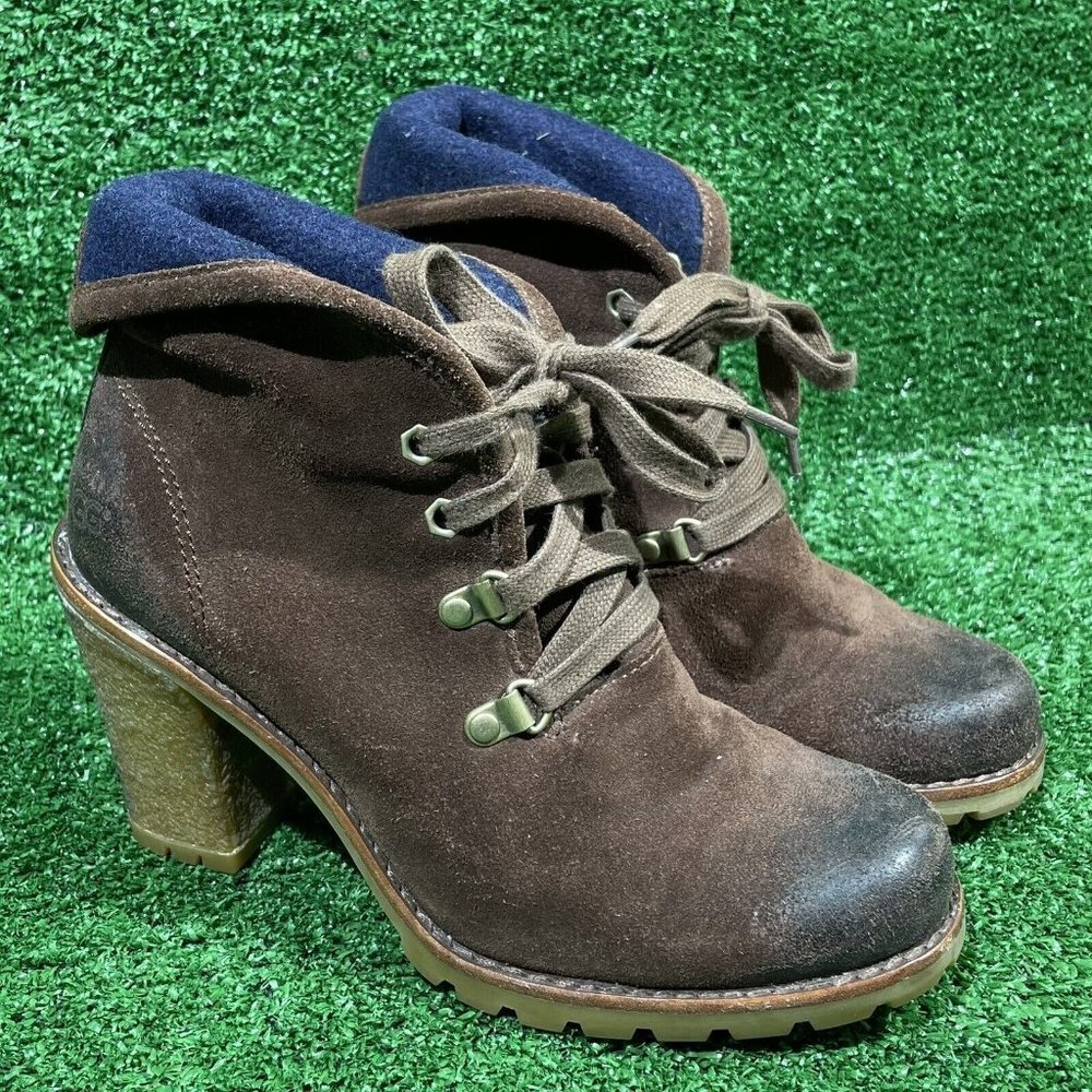 UGG Australia Calynda High Heel Ankle Boots Womens Sz 6 Wool Lined Brown Leather